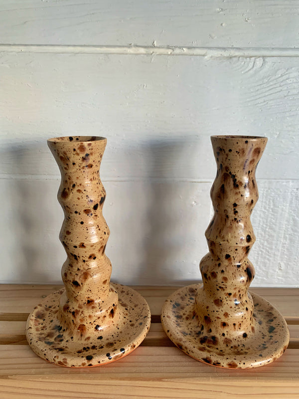 Walnut tall spotted candle stick holders