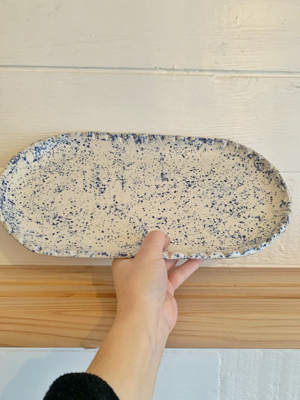 Blue speckled and white platter