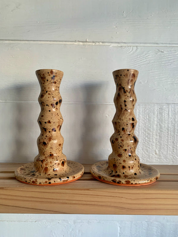 Walnut tall spotted candle stick holders