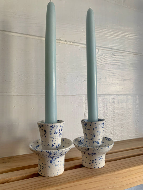 Blue speckled tierd candle stick holders