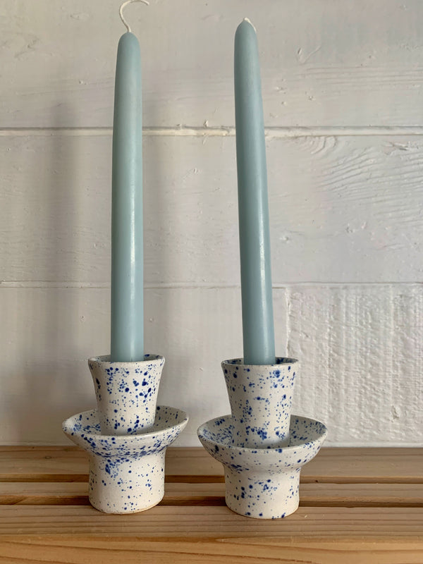 Blue speckled tierd candle stick holders