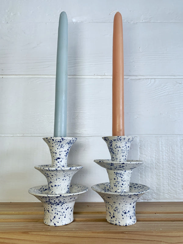 Blue speckled tierd candle stick holders