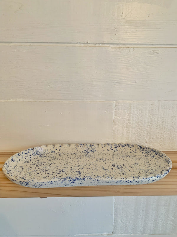 Blue speckled and white platter