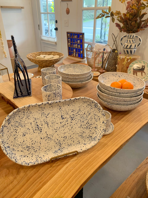 Blue speckled and white platter